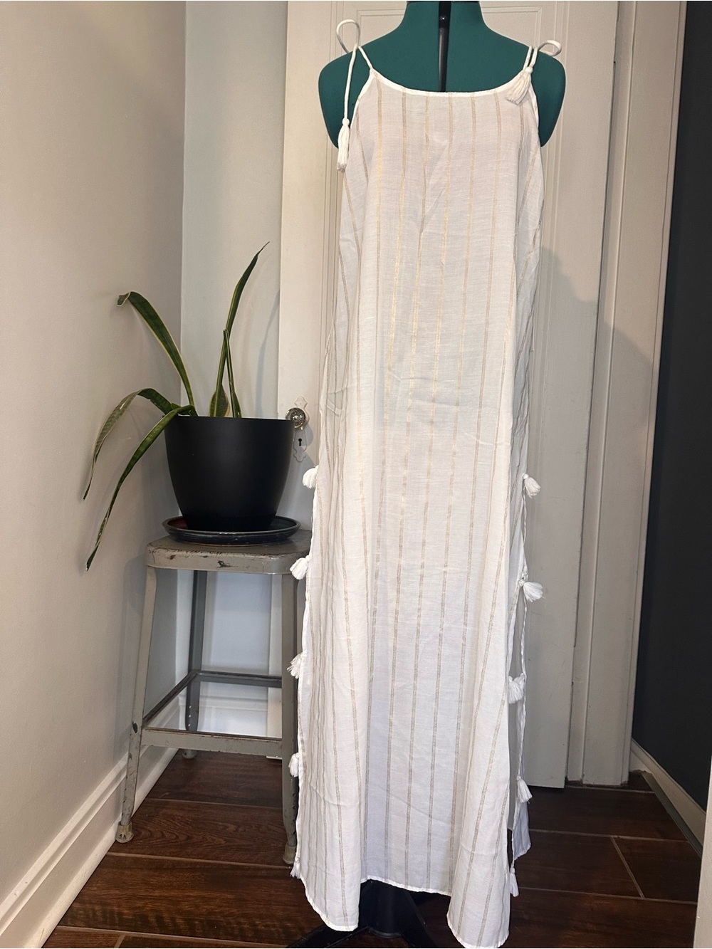 White Maxi Dress Beach Coverup with Gold Stripe Tassel Details